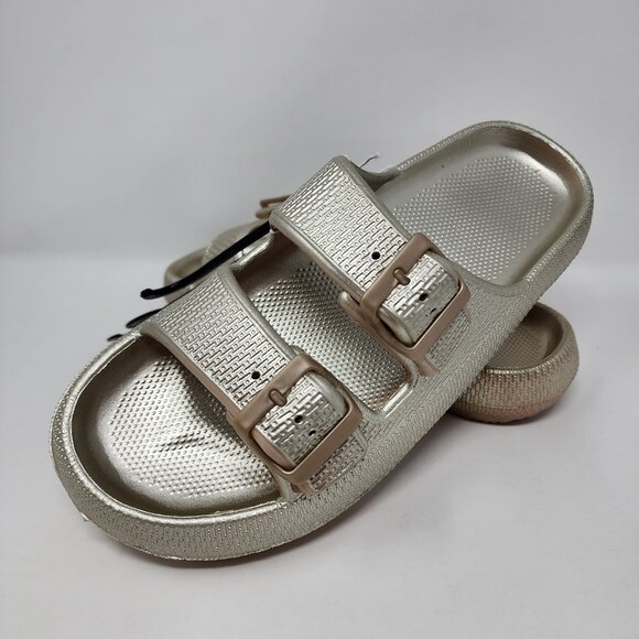 Bobbie Brooks Womens Large 9/10 Foam Sandals Metallic Silver Gold Pool Slide Ons - Picture 1 of 15